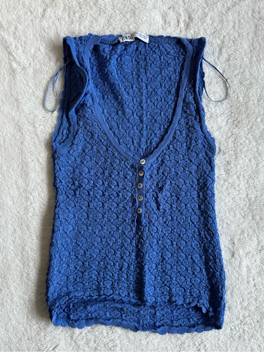 Zara Textured Crochet Knit Button-Front Vest Top – Blue – Small